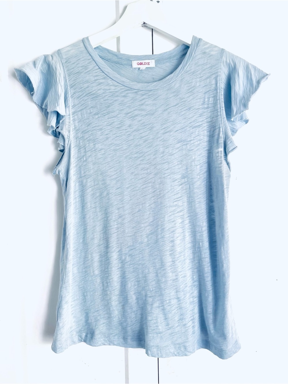 Goldie Flutter Sleeve Blue T-Shirt Womens Sz S Slub Pima Cotton Sheer Beachy Tee